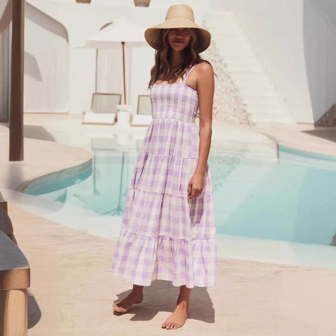 Dame sommer maxi kjoler med ternet design og stropper Skovae