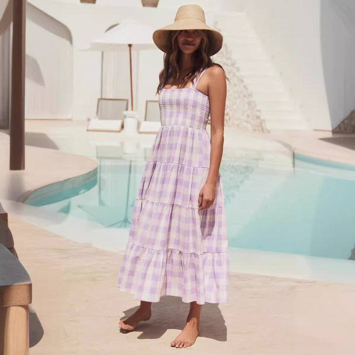 Dame sommer maxi kjoler med ternet design og stropper Skovae