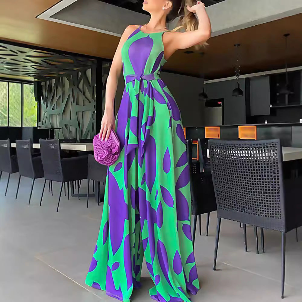 Kvindernes maxikjole med blomstermønster og bælte i taljen