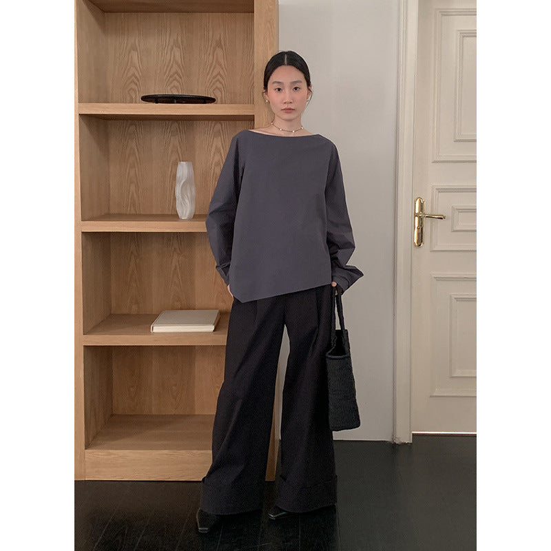 Dame asymmetrisk langærmet overdel med elegant krave Stilla