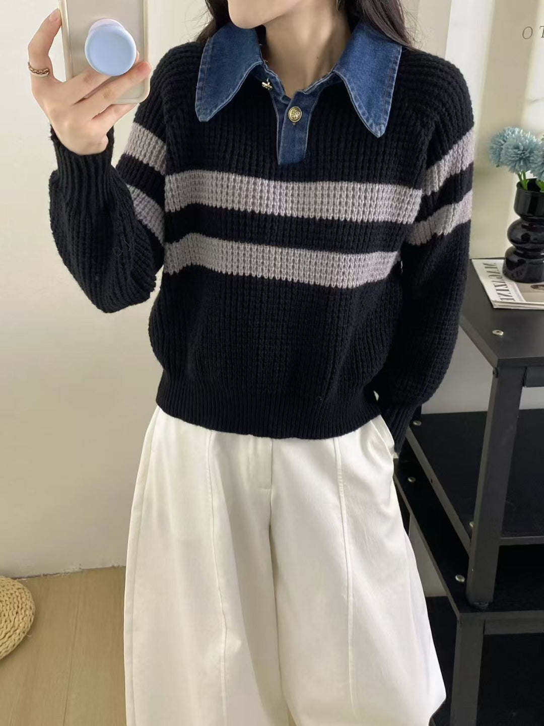 Kvinders afslappede strikket sweater med krave og stribet design Stilla