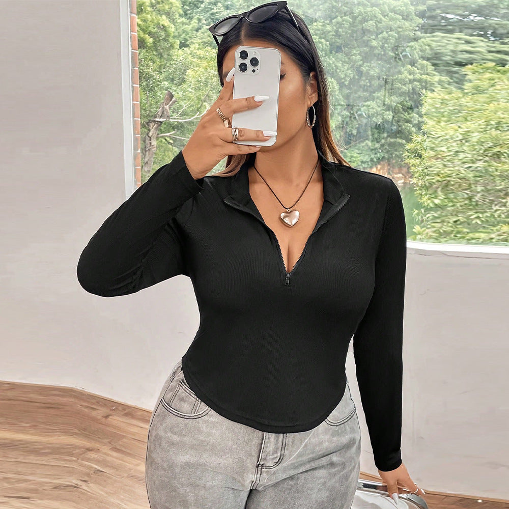 Dame Zip-Up Langærmet bluse med figursyet snit og ribstruktur Stilla