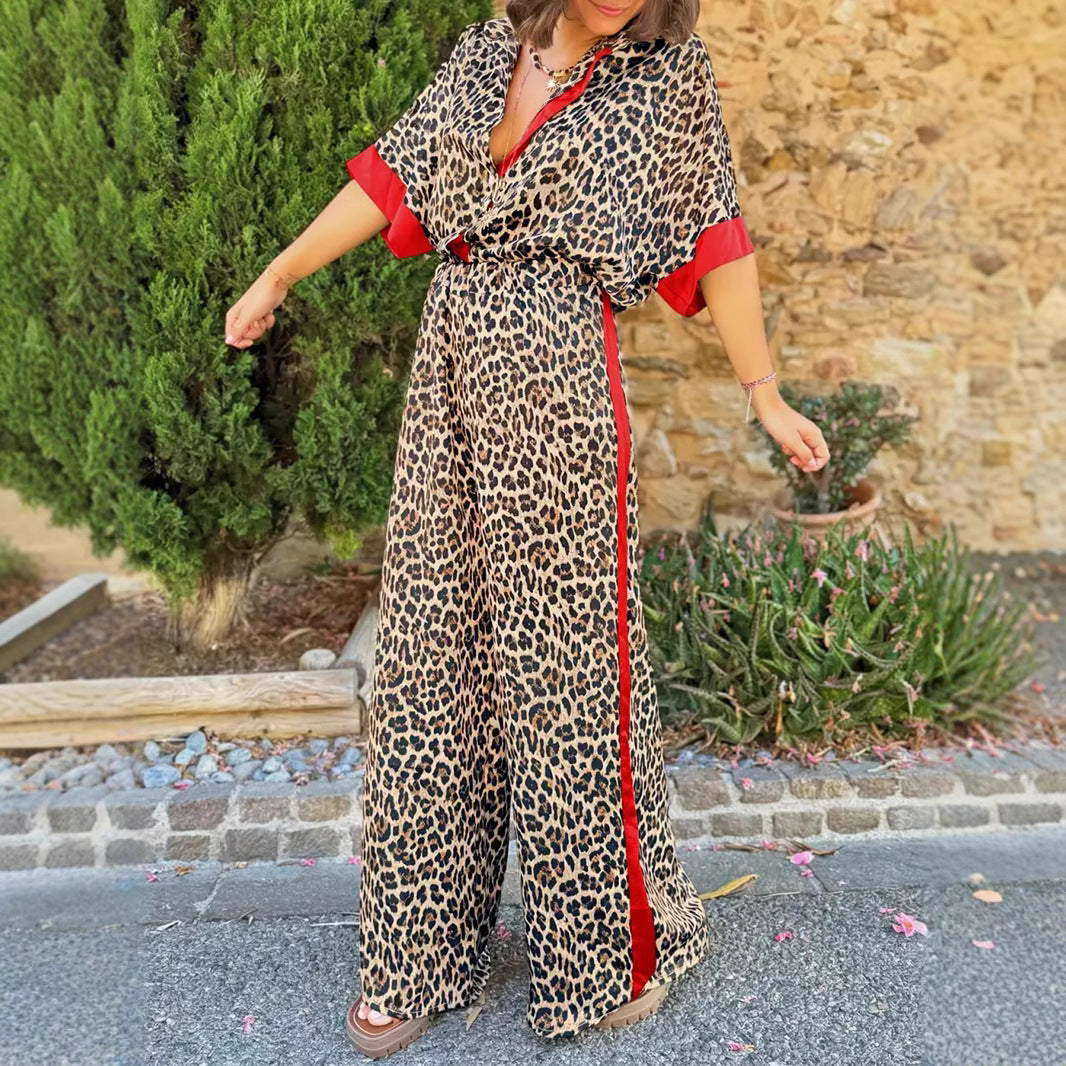 Dame Casual sæt med leopardmønster og elastisk talje Stilla
