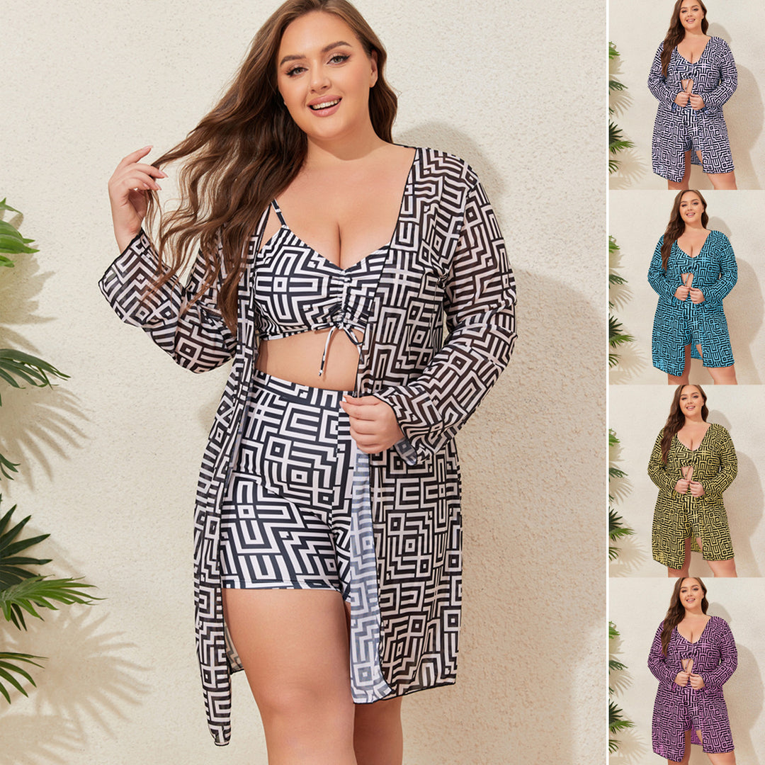 Dame bikini sæt med fashionable kimono og geometrisk mønster Stilla