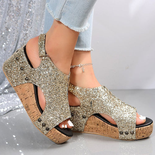 Dame Wedge-Pantoletten med glimrende glimmermateriale og anatomisk fodseng Stilla