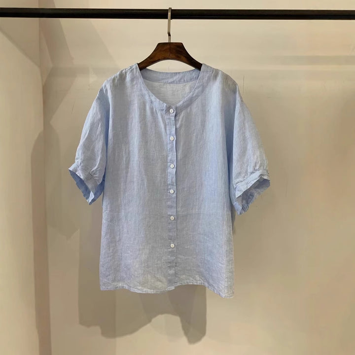 Femme Relaxed Fit Blødt Linned Kortærmet Skjorte Stilla