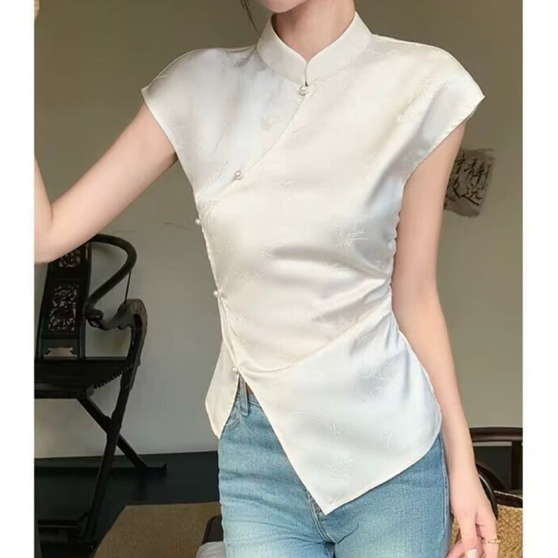 Dame elegant skjorte med asiatisk flair og fin broderi Stilla
