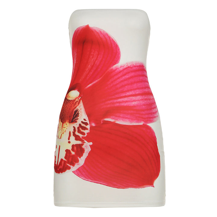 Dame bandeau-kjole med blomstermotiv og tætsiddende snit Skovae
