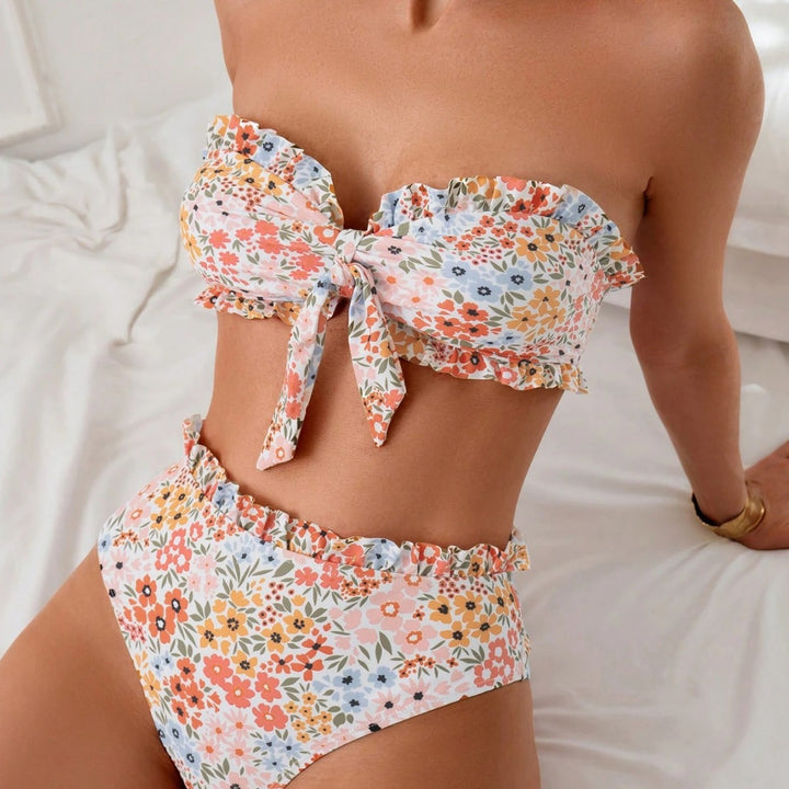 Dame bikini-sæt med romantiske flæse detaljer og høj taljebånd Skovae