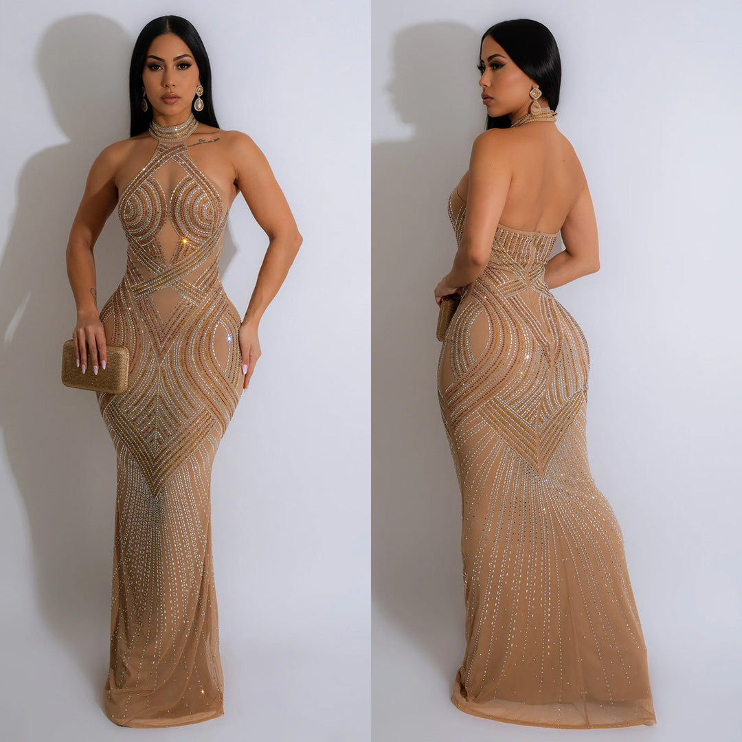 Dame Elegant Maxikjole med glitrende strass-applikationer og raffineret snit Stilla