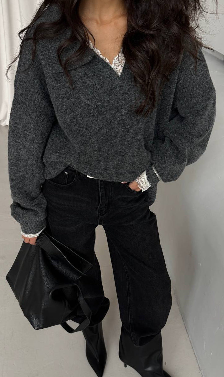 Kvinders casual oversized sweater med krave Stilla