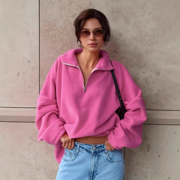 Dame fleece sweatshirt med kort lynlås og brede ærmer Stilla