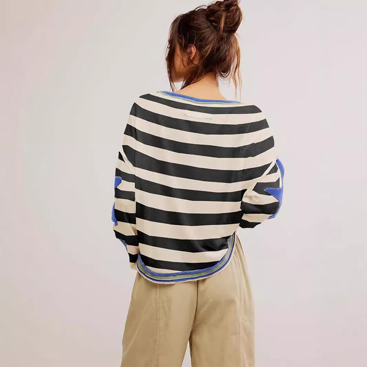 Dame Casual Sweatshirt med stribet design og stjerneapplikationer Stilla