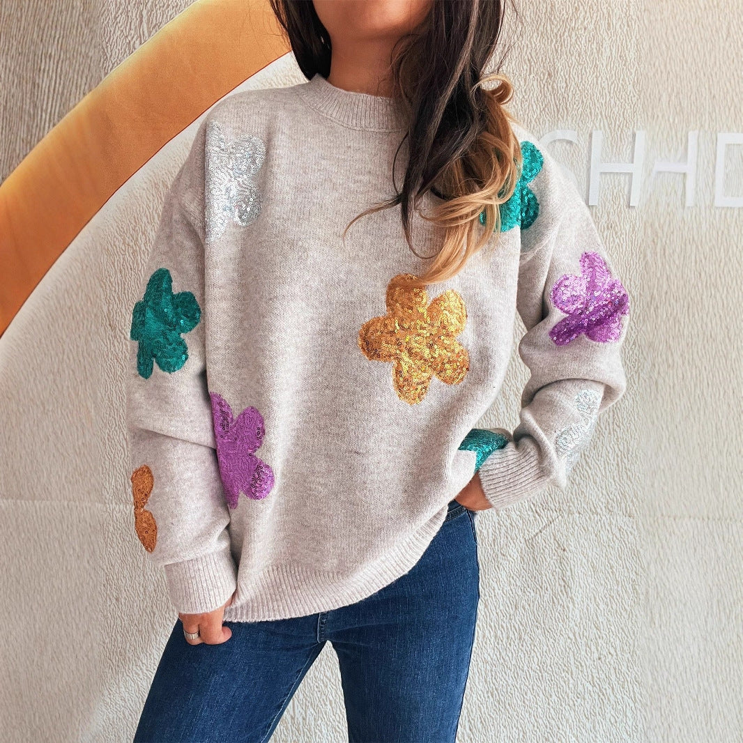 Kvinders sweater med farverige pailletblomster Stilla