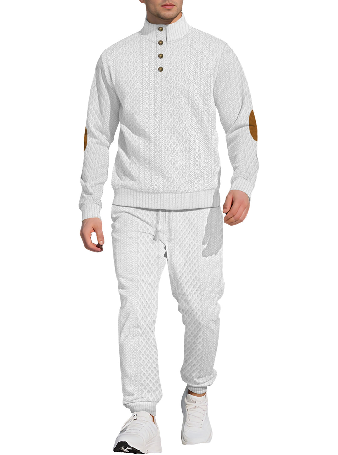 Herre nan struktureret strik-fritidsoutfit med halvknap-høj krave, daim-ellbogenlapper og snøre-bund joggers Skovae