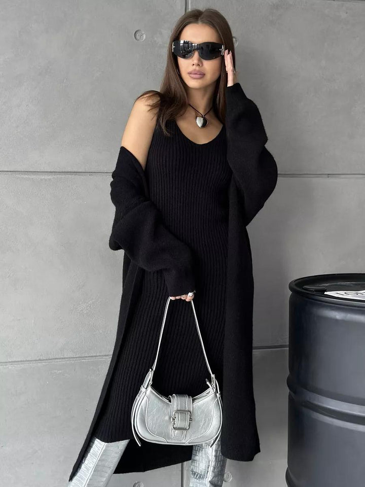 Dame ribstrik kjole med lang cardigan Stilla