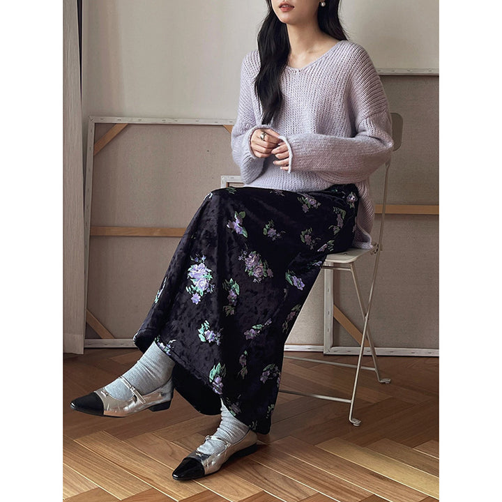 Dame elegant maxiskørt i flydende stof med blomstermønster og elastisk talje Stilla