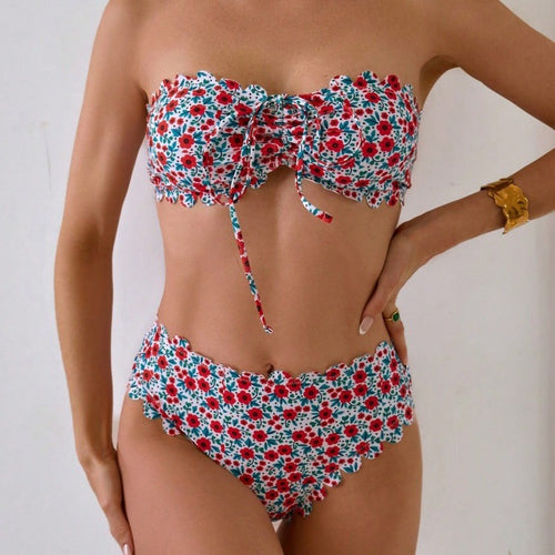 Dame Bikini-sæt med romantisk rynkedesign og blomster mønster Skovae
