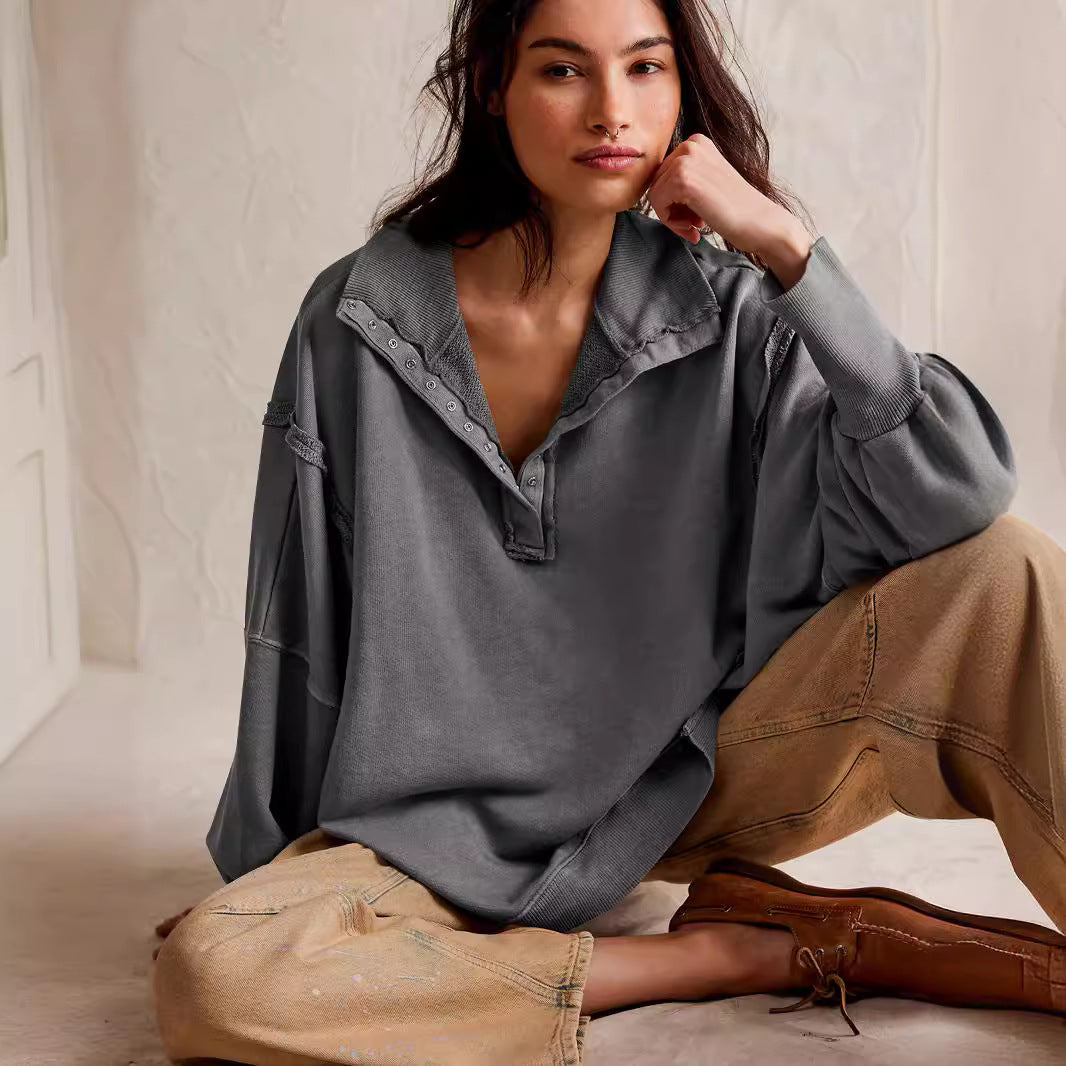 Dame afslappet sweater med trendy krave og knapstand Stilla