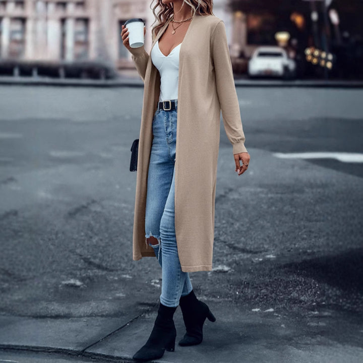 Dame nan længere finstrik cardigan i duster-stil med åben fald og smal ærmedel