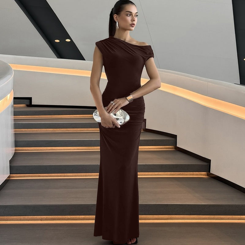 Dame Elegant Maxikjole med asymmetrisk udskæring og rynker Skovae