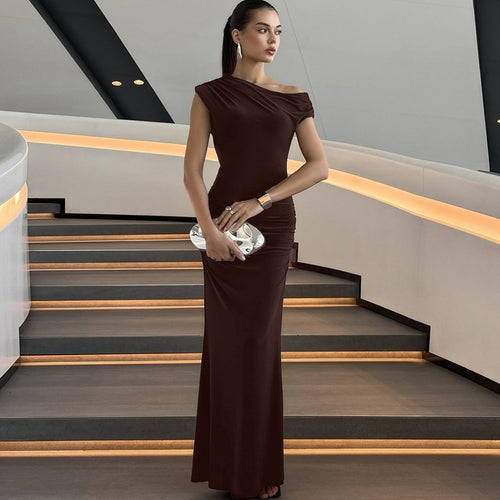 Dame Elegant Maxikjole med asymmetrisk udskæring og rynker Skovae