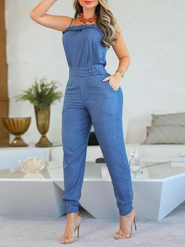 Dame afslappet jumpsuit med ruffles detaljer og justerbart taljebælte Skovae