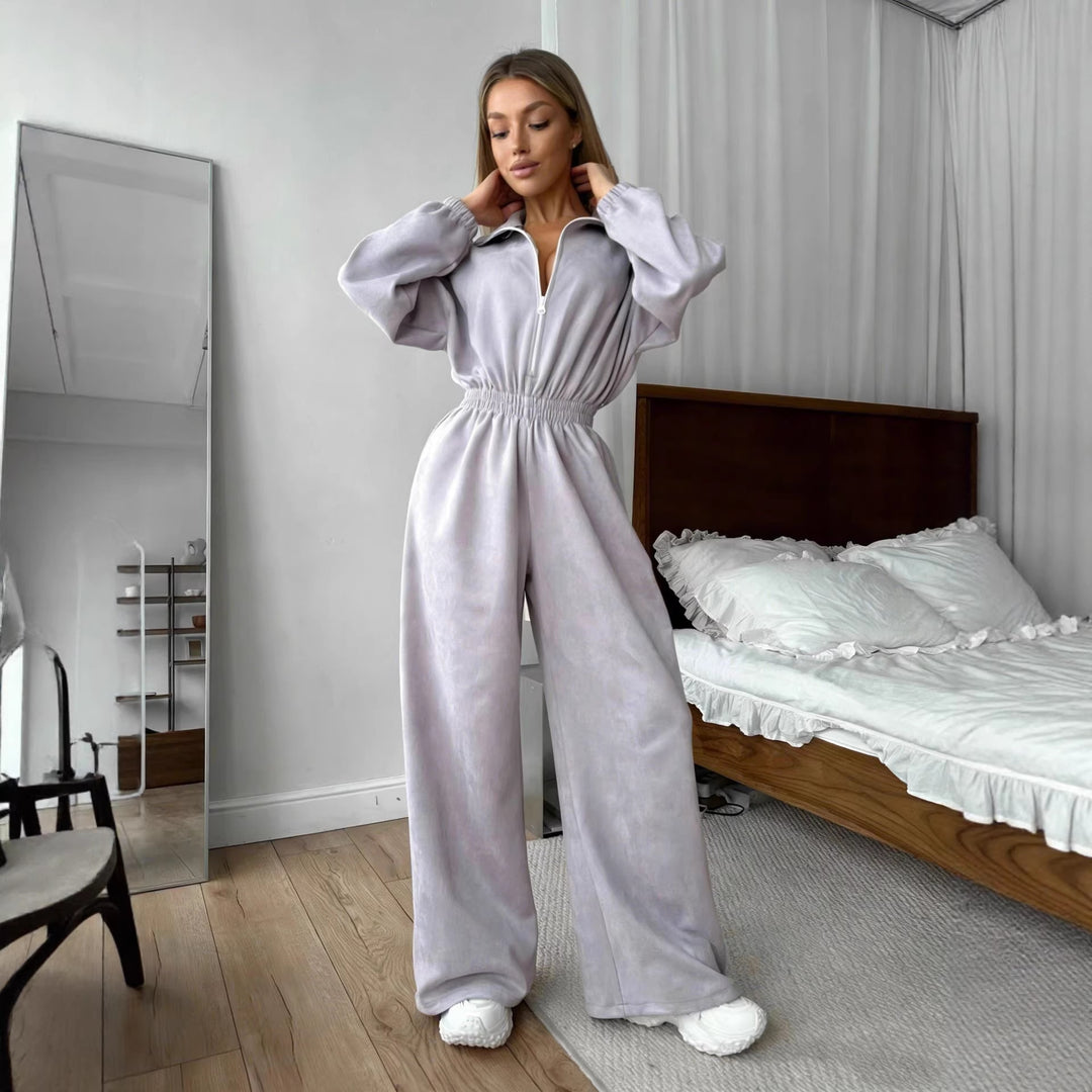 Kvinders fleece jumpsuit med høj krave og elastisk bånd