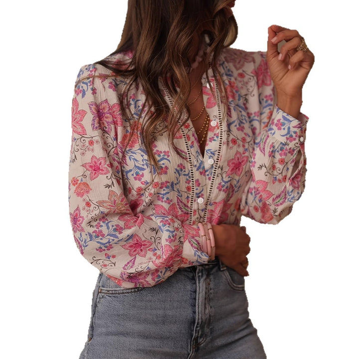 Dame Floral Print Button-Up Bluse med detaljerede detaljer Stilla