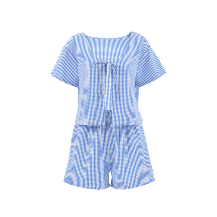 Dame afslappet Vichy ternet top og shorts sæt med bælte Stilla