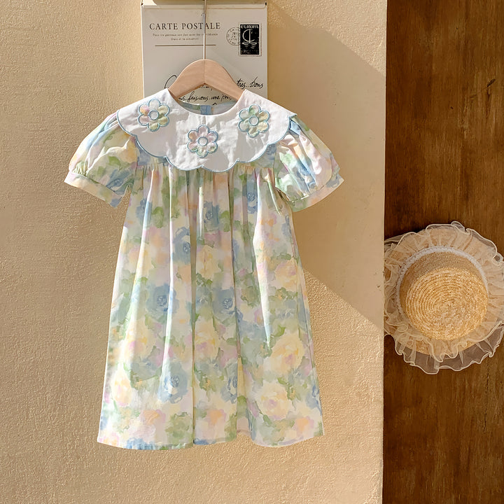 Pige blomsterprint vintage-inspireret kjole med broderet krave Stilla