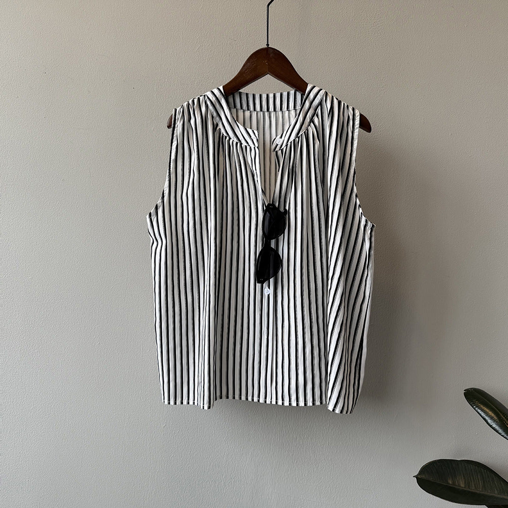 Dame ærmeløs blusenshirt med dekorativ knapdetalje og stribet design Stilla