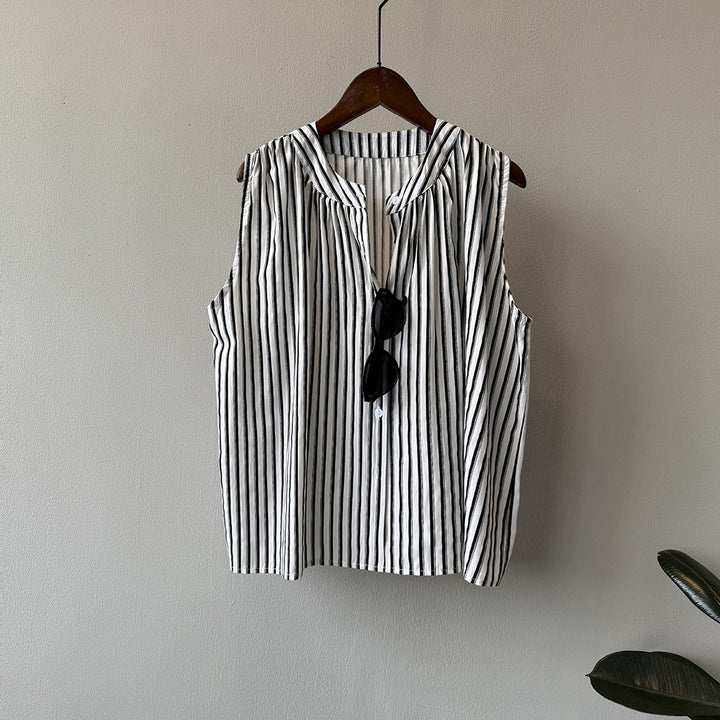 Dame ærmeløs blusenshirt med dekorativ knapdetalje og stribet design Stilla
