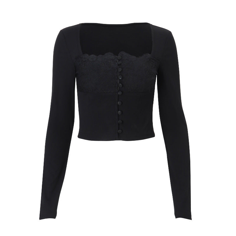 Dame Elegant top med blondedetaljer og knaplukning Stilla
