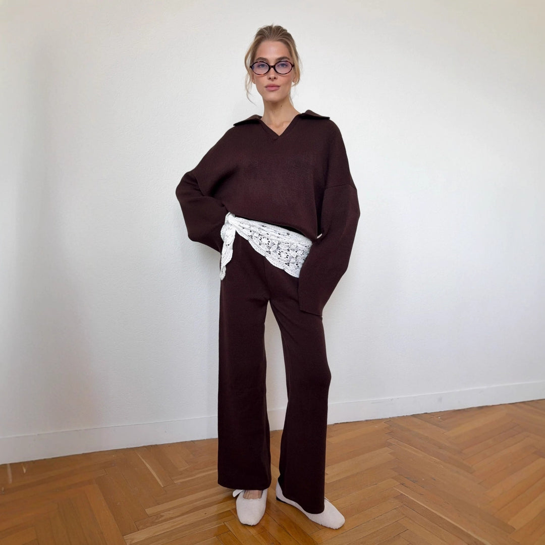 Kvinder casual strikket sæt med løs pasform og elegant V-hals Stilla