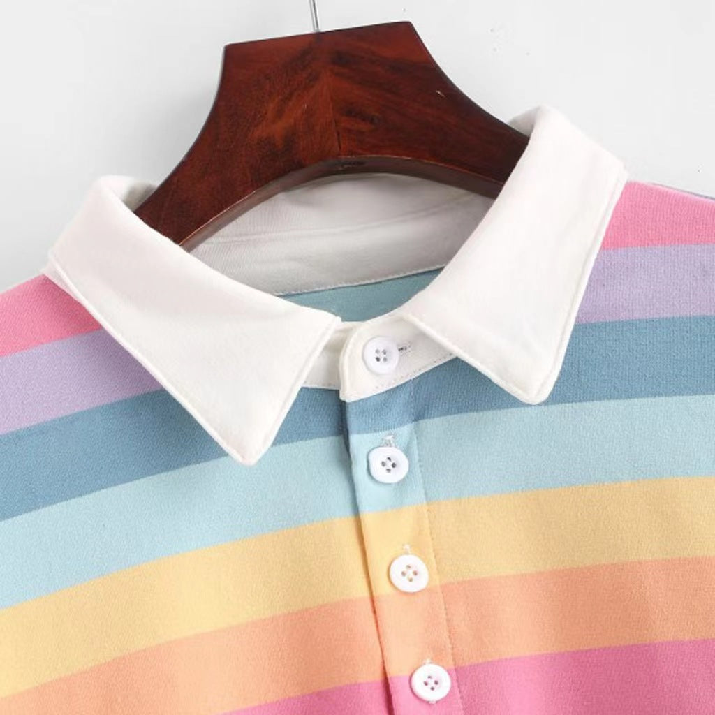 Kvinder Cropped Polo T-shirt med Farverige Striber og Løs Pasform Skovae