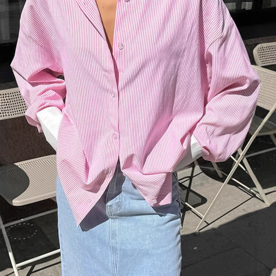 Dame Oversized Skjorte med Knude og Stribet Design Stilla