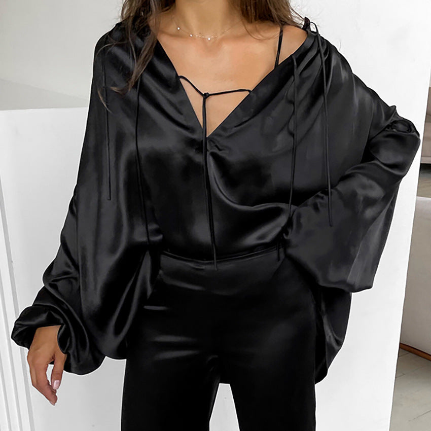 Dame elegant bluse med smart bindebånd og vide ærmer Stilla