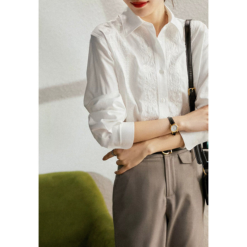 Dame elegant Langærmet bluse med fine broderier og klassisk snit Stilla