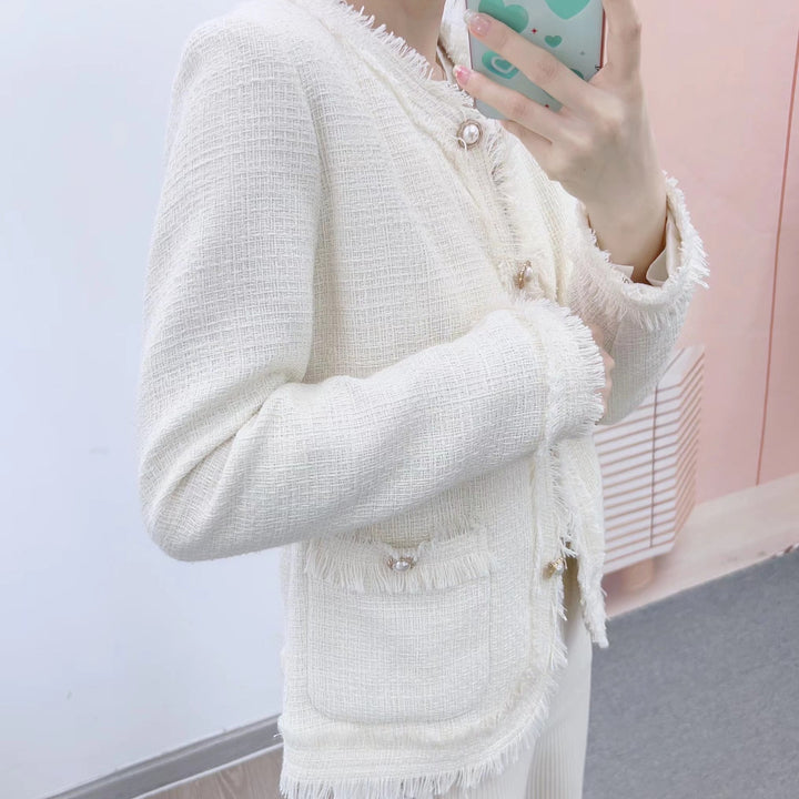 Dame elegant Boucle-jakke med frynser og perleknapper Stilla
