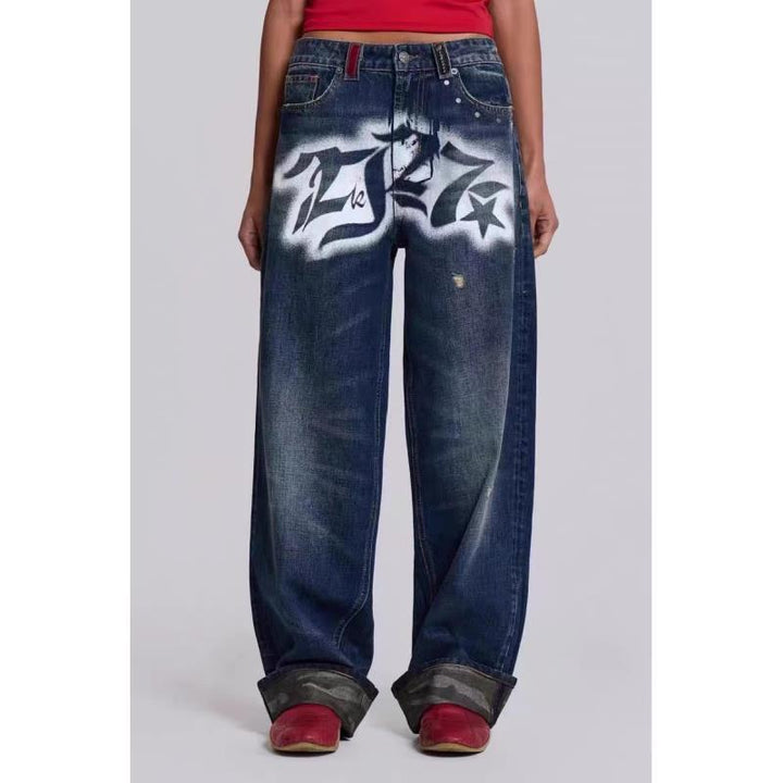 Dame Grafik Distressed Bred-Ben Jeans Stilla