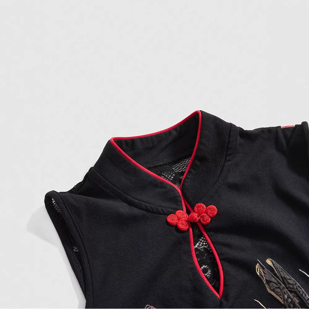 Dame kinesisk broderi top med høj krave design og blomster motiv Skovae