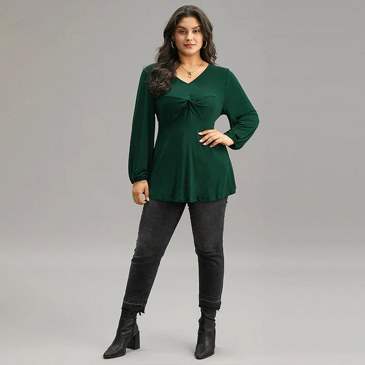 Dame elegant top med fast rynk og V-hals Stilla