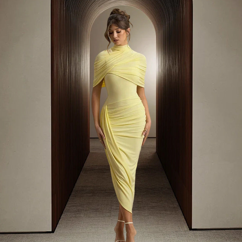 Dame elegante maxi kjoler med asymmetrisk top og blødt drapering