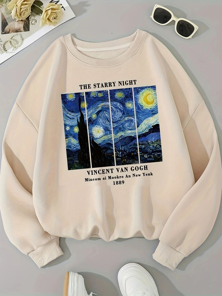 Kvindernes sweatshirt med kunstnerisk Van Gogh motiv og moderne tryk Stilla