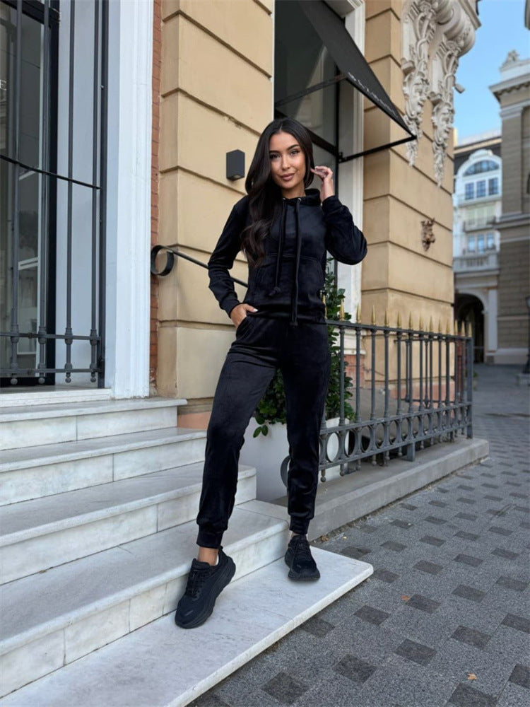 Kvinders sporty fleece træningsdragt sæt med hætte og elastisk talje Skovae