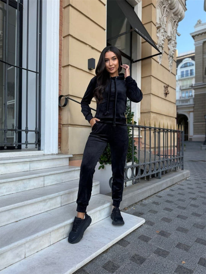 Kvinders sporty fleece træningsdragt sæt med hætte og elastisk talje Skovae