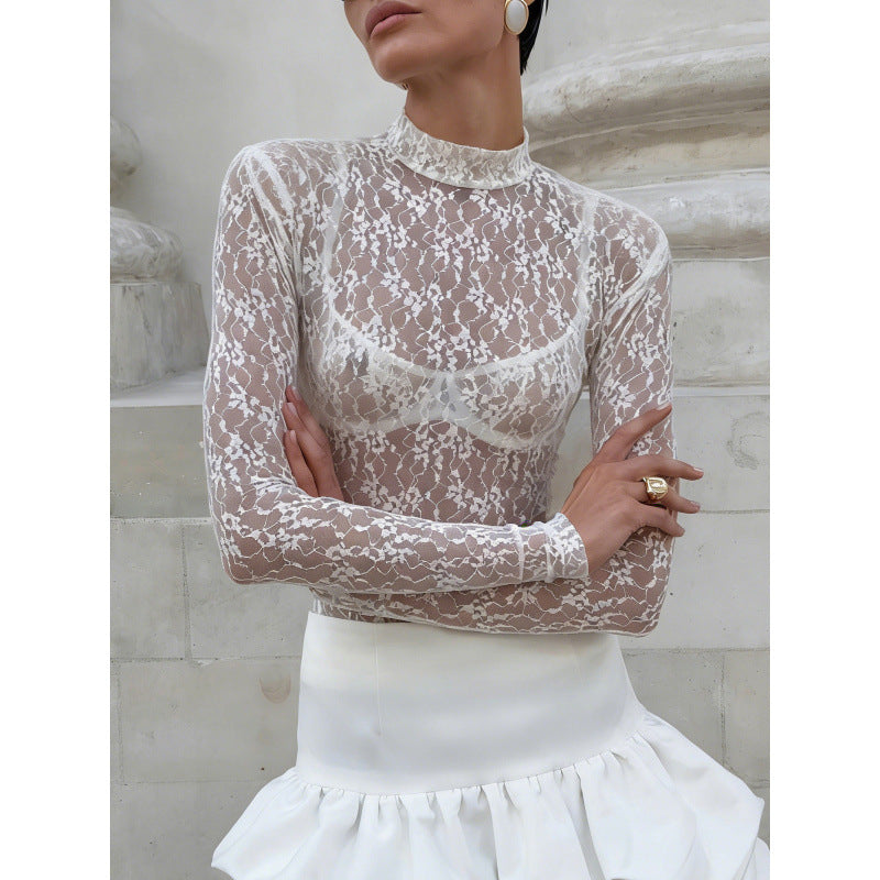 Damen Spitzenbluse mit hohem Kragen und langen Ärmeln Skovae
