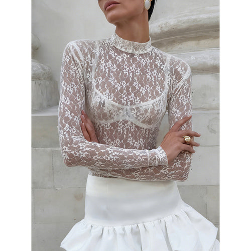 Damen Spitzenbluse mit hohem Kragen und langen Ärmeln Skovae