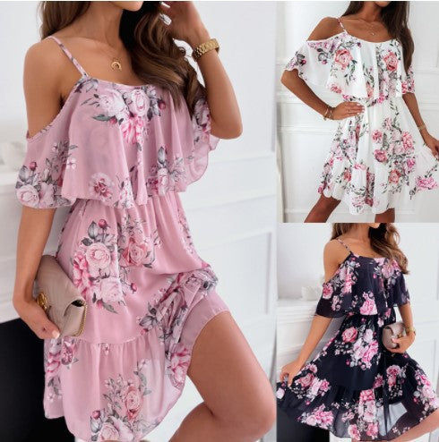 Dame Floral Rynket Off-Shoulder Kjole Stilla